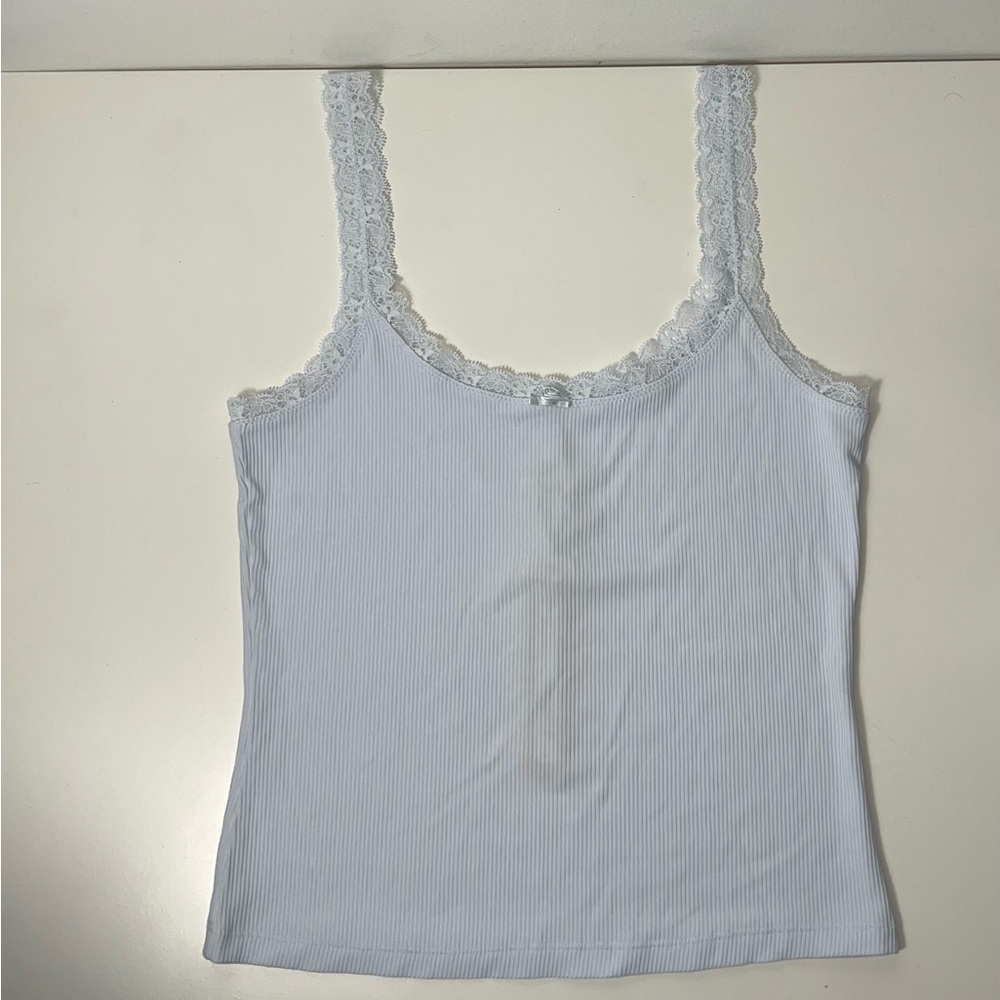 Skims Soft Lounge Lace Trim Ribbed Camisole Cami Shirt in Mineral Blue - Picture 5 of 13